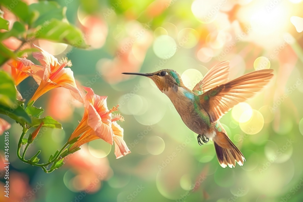Naklejka premium A hummingbird hovers near a vibrant flower in a sunlit garden, showcasing the beauty of nature and perfect harmony in motion.