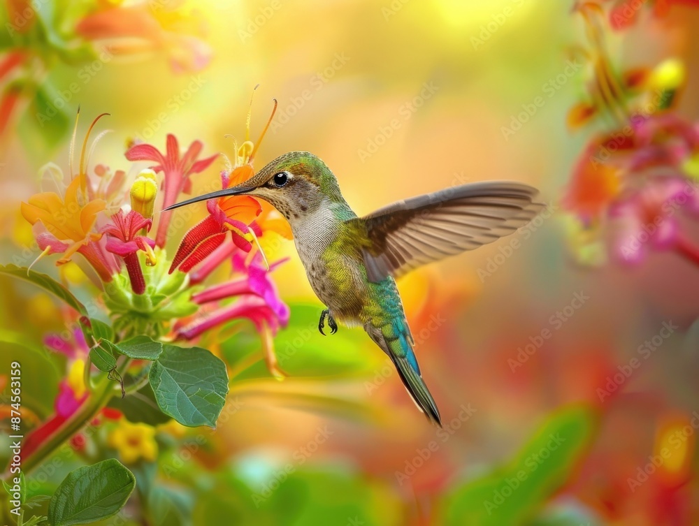 A vibrant hummingbird hovers near colorful blossoms in a lush garden, showcasing nature's beauty in vivid detail.