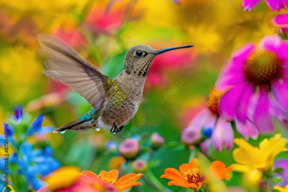 Fototapeta premium A vibrant hummingbird in flight surrounded by colorful flowers, showcasing the beauty of nature in full bloom.