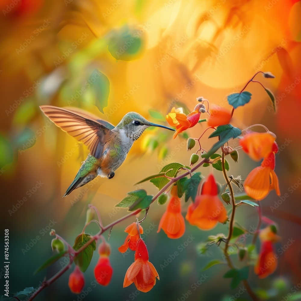Vibrant hummingbird feeding on orange flowers with a warm, blurry background, showcasing nature's beauty and delicate moments. Vibrant hummingbird feeding on orange flowers with a warm, blurry background, showcasing nature's beauty and delicate moments.