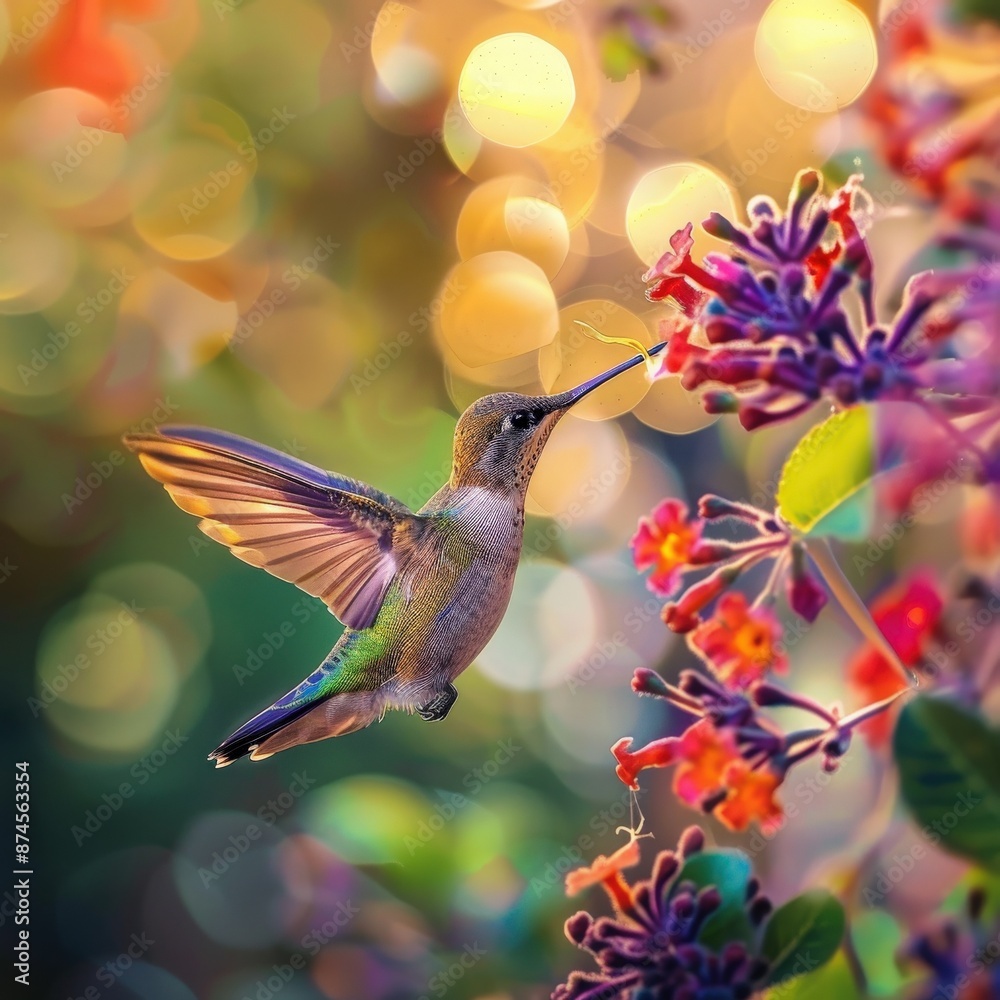 Fototapeta premium Vibrant hummingbird in mid-flight, sipping nectar from colorful flowers against a beautiful bokeh background.