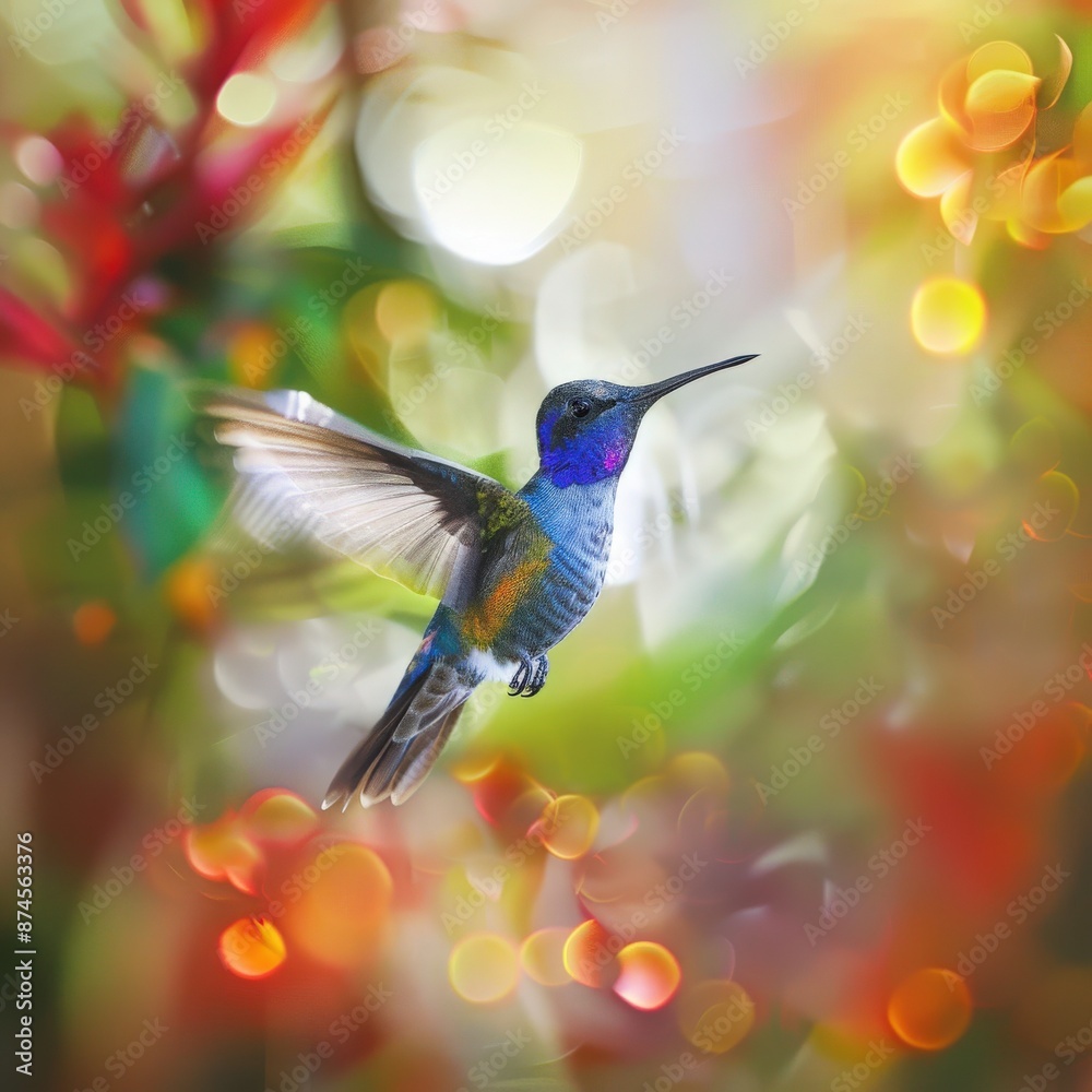 Fototapeta premium Vibrant hummingbird in mid-flight surrounded by colorful bokeh and natural foliage background.