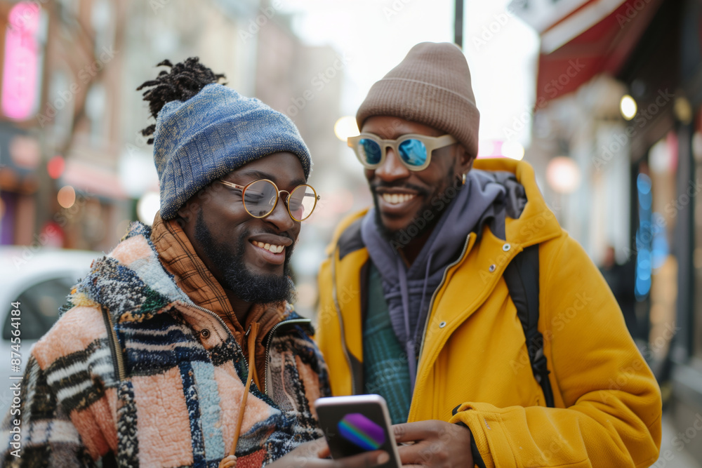 Two Friends Sharing A Laugh While Looking At Their Phone On A Busy City Street Two Friends Sharing A Laugh While Looking At Their Phone On A Busy City Street