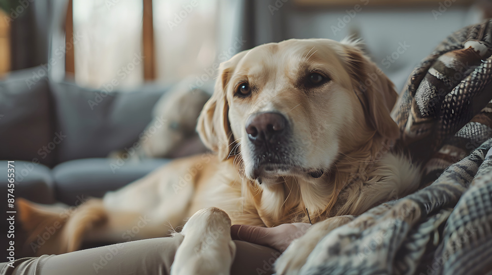 Obraz premium Dog relaxing on persons lap. Generative by AI