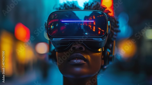 An Afro-American woman wearing a VR headset, immersed in a virtual reality experience. photo