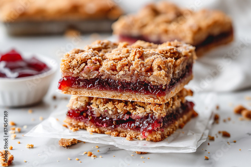 A Stack of Homemade Plum Crumble Bars With Fresh Plums