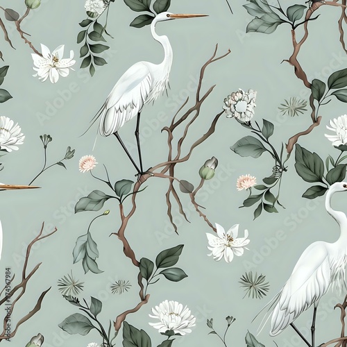 Charming Chinoiserie Pattern with White Egret and Green Leaves