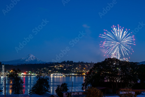 USA, Oregon, Hood River: Mount Hood and 4th of July Fireworks on Independence Day in the Columbia River Gorge