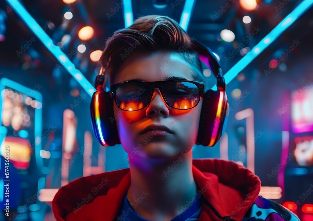 Cool Teen Gamer with Headphones and Sunglasses in Cyberpunk Gaming Arena - Neon Lights and Futuristic Style. Cool Teen Gamer with Headphones and Sunglasses in Cyberpunk Gaming Arena - Neon Lights and Futuristic Style.