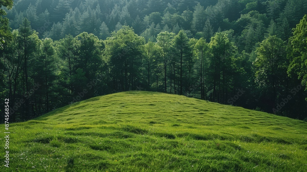 Green hillside with a dense forest of pine trees in the background, set against a clear sky, creating a peaceful and natural environment Green hillside with a dense forest of pine trees in the background, set against a clear sky, creating a peaceful and natural environment