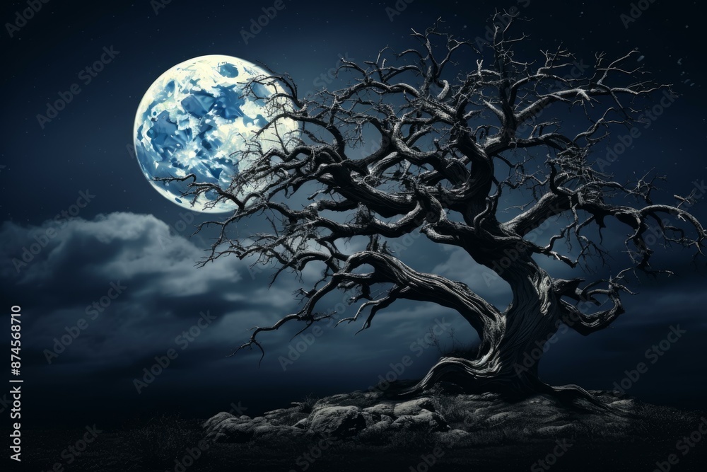 Fototapeta premium Majestic old tree under a full moon on a clear starry night, creating a magical atmosphere