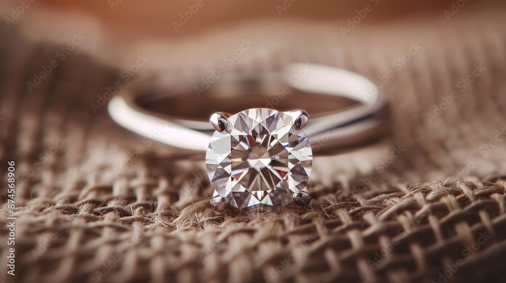 Elegant diamond ring resting on a burlap fabric, showcasing intricate design and stunning clarity. Ideal for engagement, wedding, or anniversary. Elegant diamond ring resting on a burlap fabric, showcasing intricate design and stunning clarity. Ideal for engagement, wedding, or anniversary.