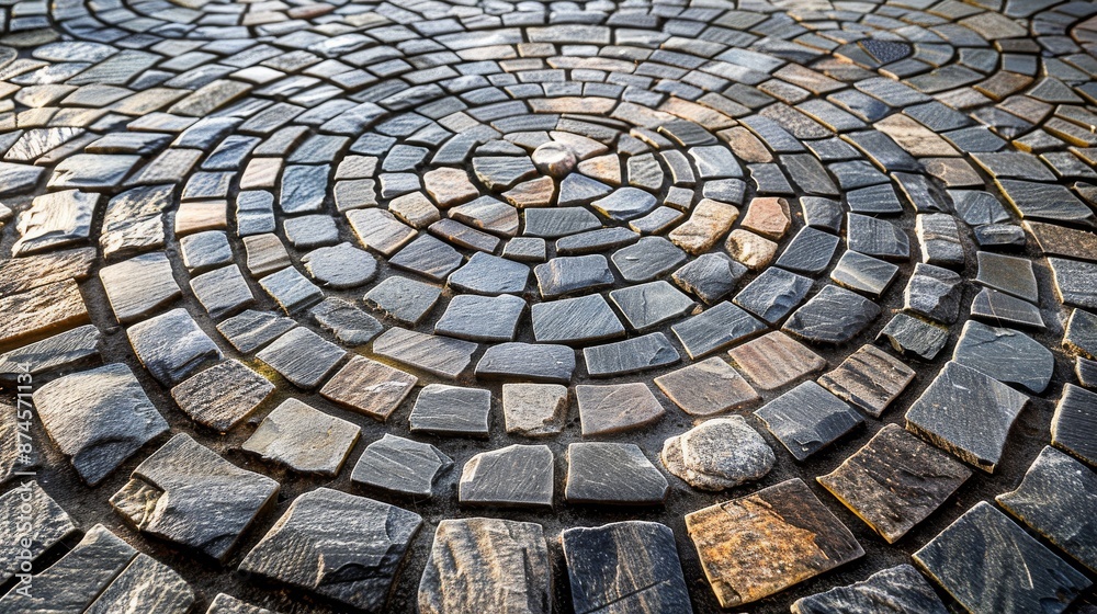 Close-up of a circular stone pavement with intricate patterns, creating a detailed and elegant urban design element Close-up of a circular stone pavement with intricate patterns, creating a detailed and elegant urban design element