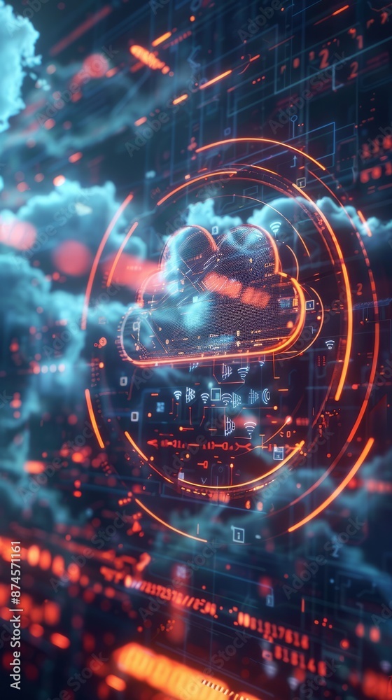 Digital screen with cloud computing and abstract glowing circular background. Security and protection data cloud. Big data safe. Database storage, 3d render Digital screen with cloud computing and abstract glowing circular background. Security and protection data cloud. Big data safe. Database storage, 3d render