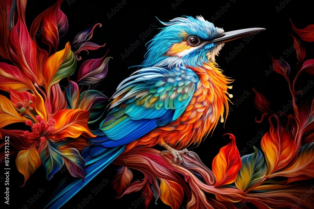 Obraz premium Exquisite illustration of a multicolored bird with surreal flowers on a black background