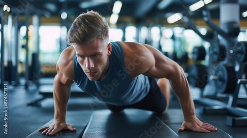 Fitness enthusiast doing push-ups in a gym