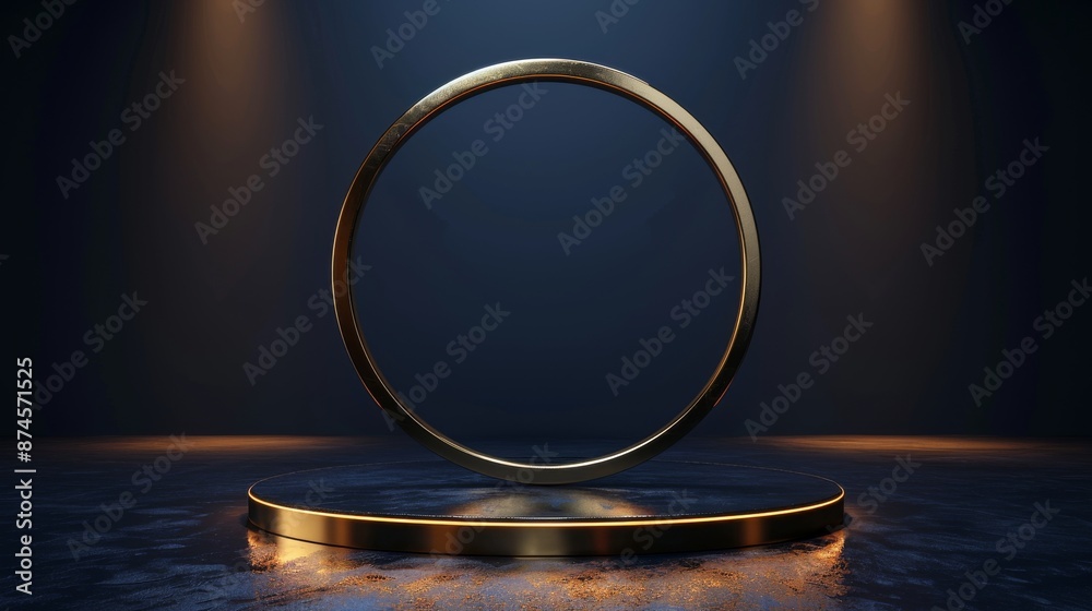 Luxury display podium with a circular golden frame and dark background, emphasizing elegance and sophistication in a minimalist design Luxury display podium with a circular golden frame and dark background, emphasizing elegance and sophistication in a minimalist design