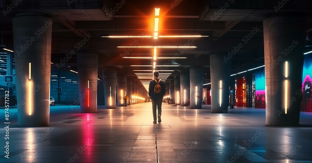 Futuristic Urban Subterranean Walkway with Illuminated Columns and a Lone Traveler Futuristic Urban Subterranean Walkway with Illuminated Columns and a Lone Traveler