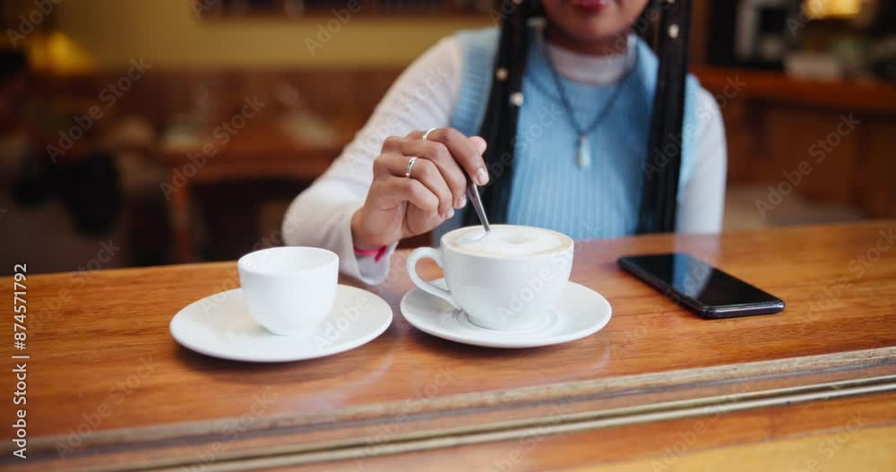 Hand, stirring and coffee cup on table in cafe, restaurant and bistro to enjoy hot beverage. Counter, expresso and cappuccino of woman or customer with tea, breakfast and caffeine in morning Hand, stirring and coffee cup on table in cafe, restaurant and bistro to enjoy hot beverage. Counter, expresso and cappuccino of woman or customer with tea, breakfast and caffeine in morning