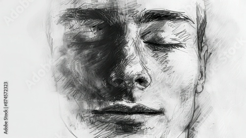 A drawing of a man with closed eyes and a serene smile, black and white.