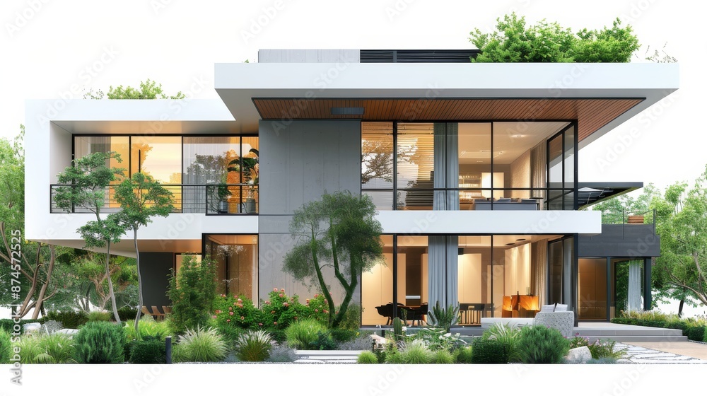 Modern two-story house with clean lines, large windows, and surrounding greenery, set against a white background, showcasing contemporary residential design Modern two-story house with clean lines, large windows, and surrounding greenery, set against a white background, showcasing contemporary residential design