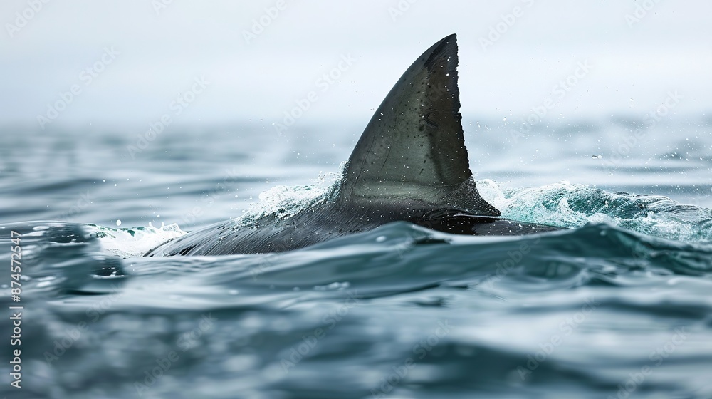 Naklejka premium shark fin on surface of ocean agains blue cloudy sky