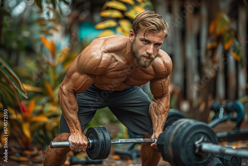 Muscular Man Lifting Weights During Outdoor Workout