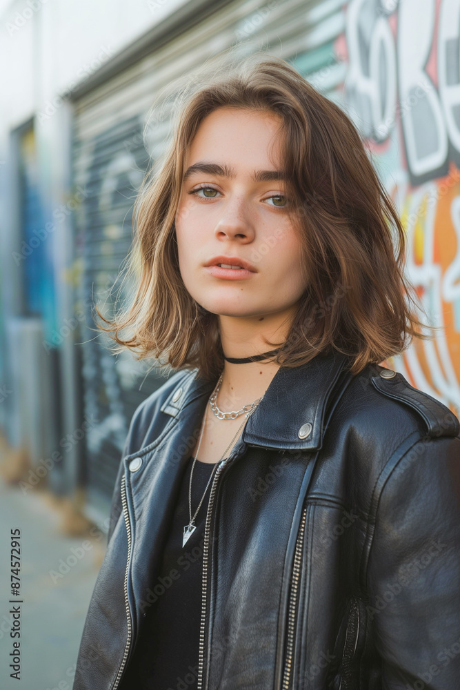 A woman wearing a black leather jacket and a necklace A woman wearing a black leather jacket and a necklace
