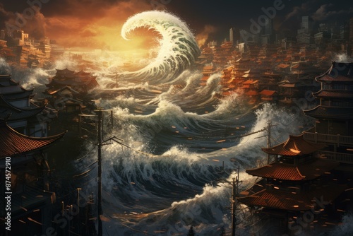 Devastated City under tsunami. Wave disaster. Generate Ai