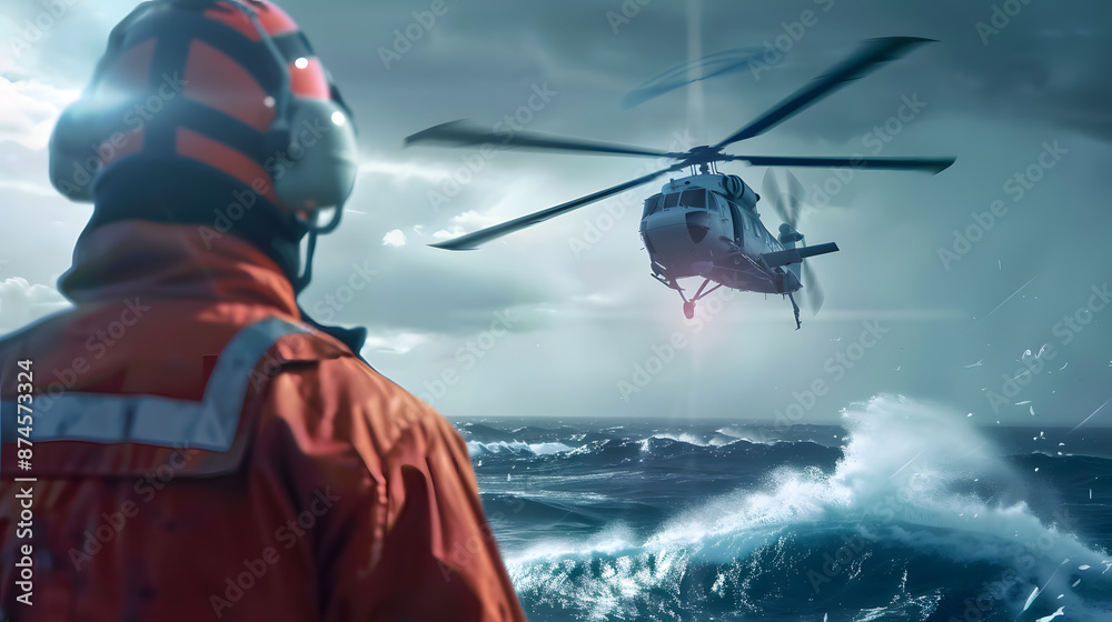 Naklejka premium Coast Guard rescuer lands helicopter on ship at sea for daring rescue. Concept Coast Guard, Helicopter, Rescue Mission, Ship at Sea, Daring Rescue