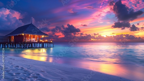 Amazing sunset panorama at maldives. luxury resort villas seascape with soft led lights under colorful sky. beautiful twilight sky and colorful clouds. beautiful beach background for vacation holiday.