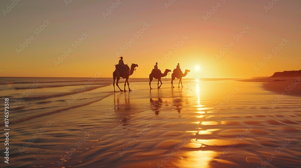 Camel ride at sunset on cable beach broome in western australia in golden hour. Beach. Ultra realistic. Photorealistic Camel ride at sunset on cable beach broome in western australia in golden hour. Beach. Ultra realistic. Photorealistic