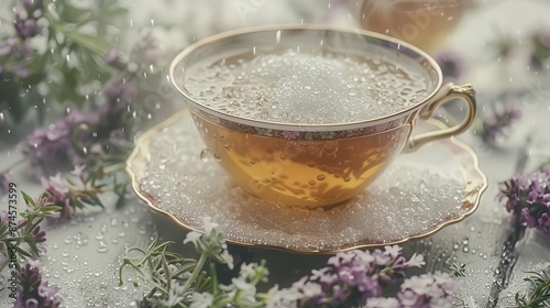 cup of tea sitting on a saucer with a saucer and flowers in the background