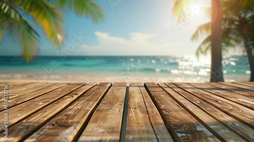 Wooden table top with the blurred tropical beach landscape for display or montage your products. ai generative. Beach. Ultra realistic. Photorealistic