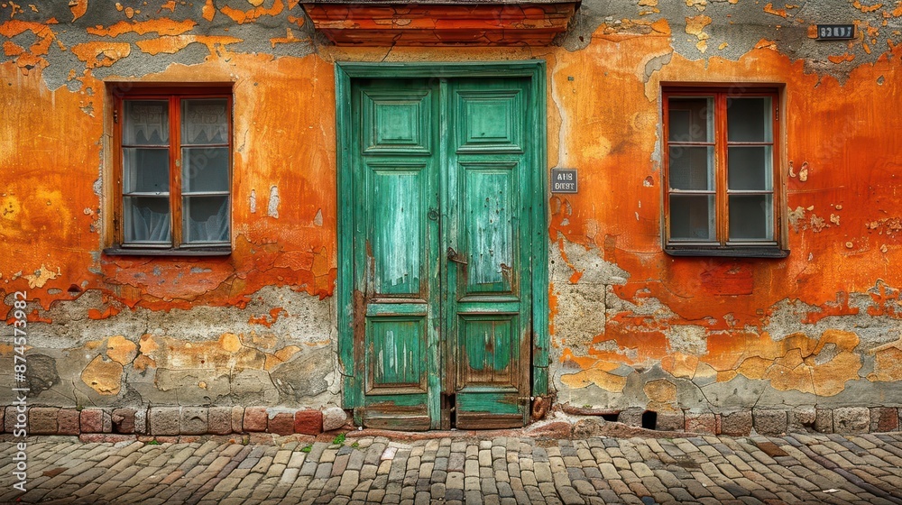 green door and windows on a building with peeling paint green door and windows on a building with peeling paint