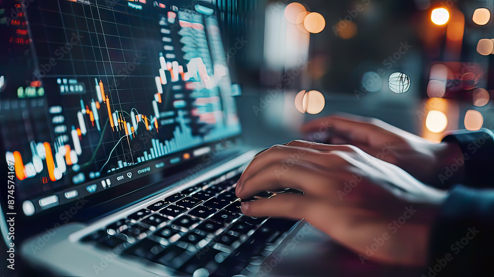 Closeup of businessman hand DeFi NFT financial data on mobile laptop with stock chart business investor digital technology crypto analytics Closeup of businessman hand DeFi NFT financial data on mobile laptop with stock chart business investor digital technology crypto analytics