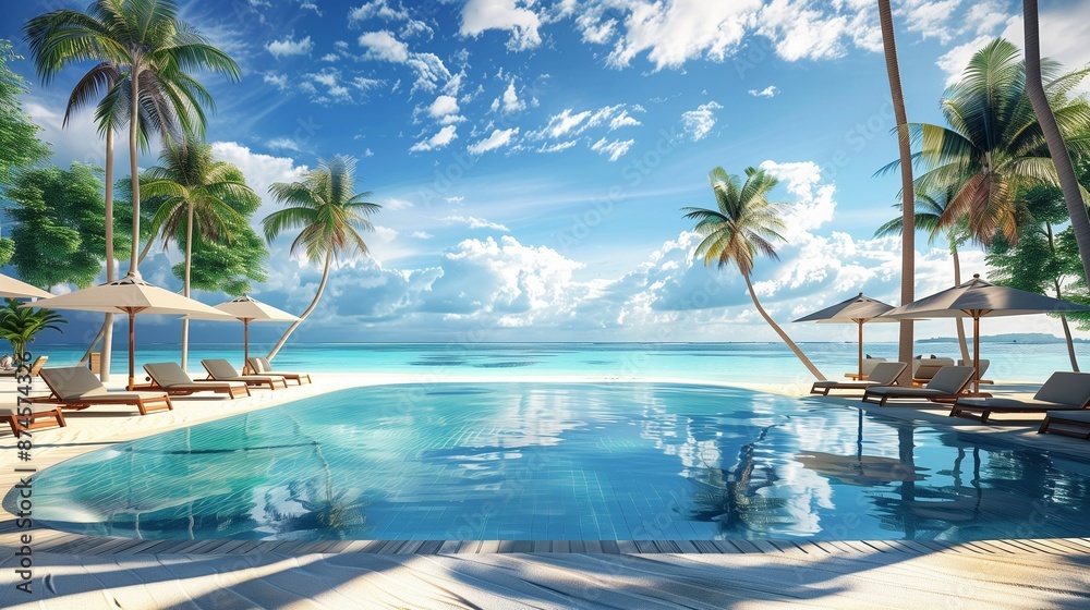 Fototapeta premium Luxurious beach resort with swimming pool and beach chairs or loungers umbrellas with palm trees and blue sky. Beach. Ultra realistic. Photorealistic