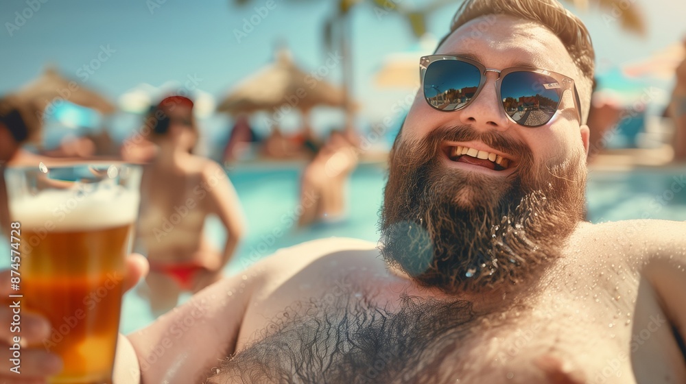 Exxaggeratedly fat young man with sunglasses and bearded holding up ...