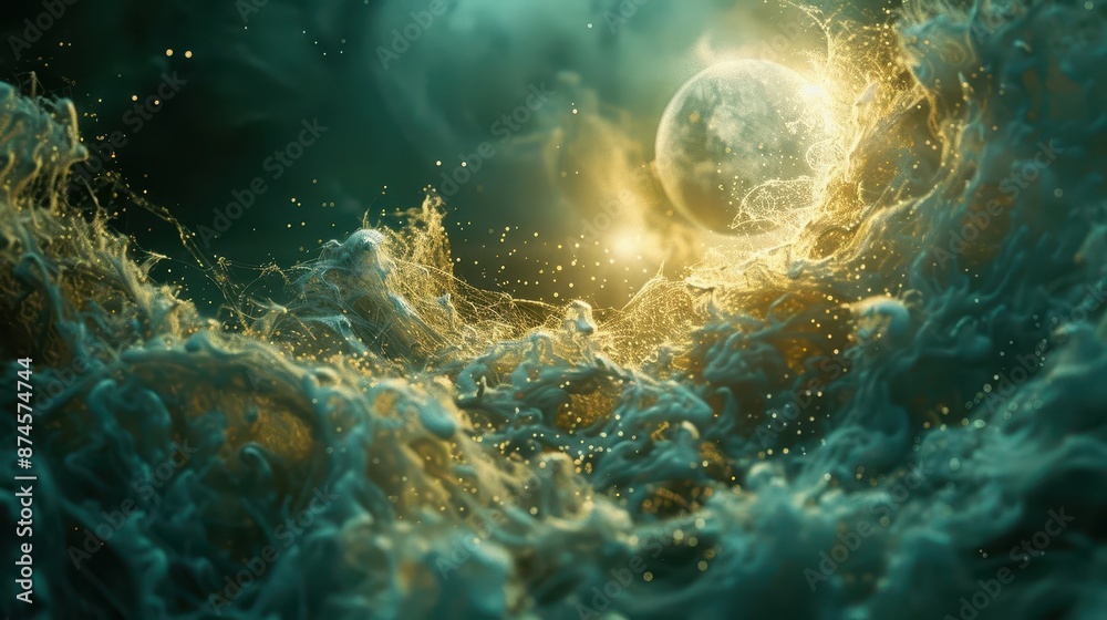 Fototapeta premium large, swirling, golden, and blue planet in the sky
