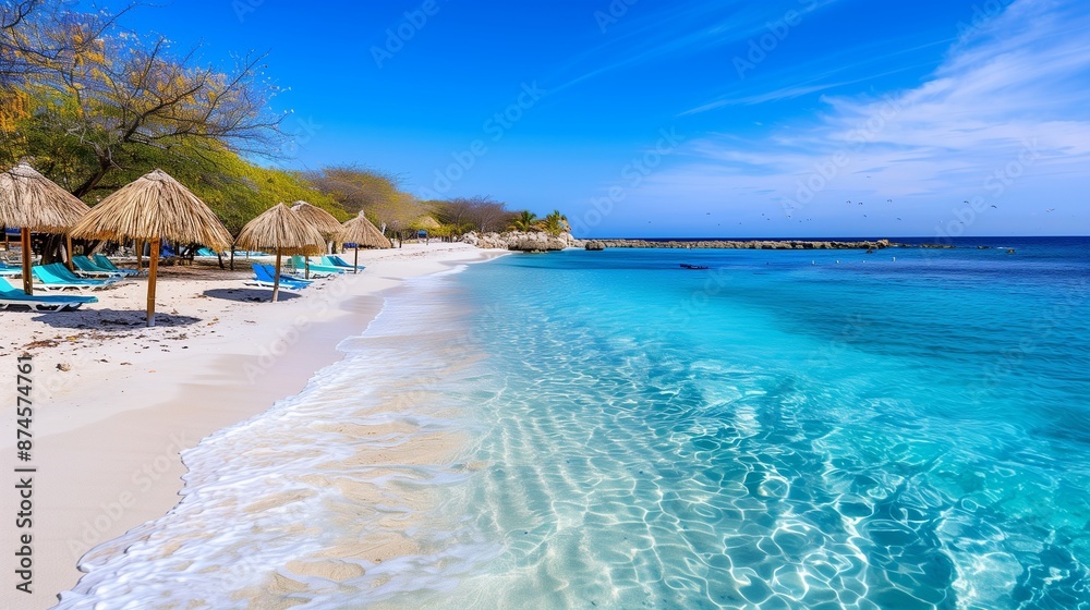 Fototapeta premium Cas abao beach - paradise white sand beach with blue sky and crystal clear blue water in curacao netherlands antilles a caribbean tropical island. Beach. Ultra realistic. Photorealistic