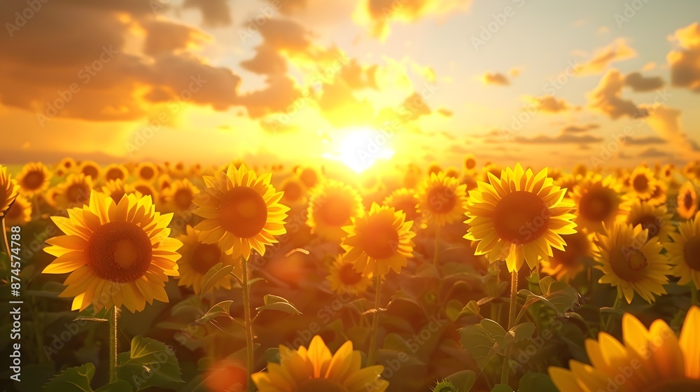 Obraz premium Breathtaking Golden Hour Sunflower Field Backdrop with Warm Sunlight and Vibrant Blooms