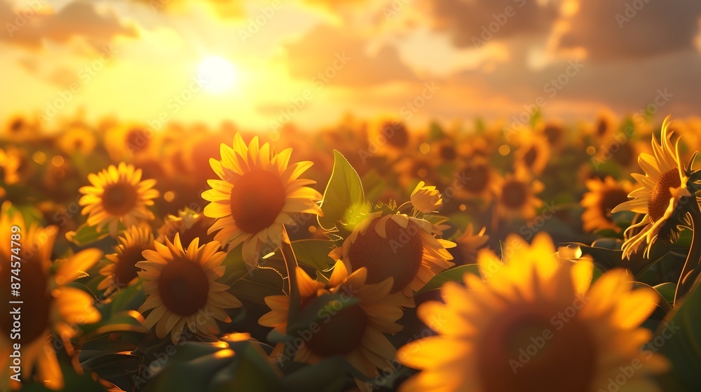 Fototapeta premium Breathtaking Golden Hour Sunflower Field Landscape with Vibrant Blooms and Warm Glowing Skies