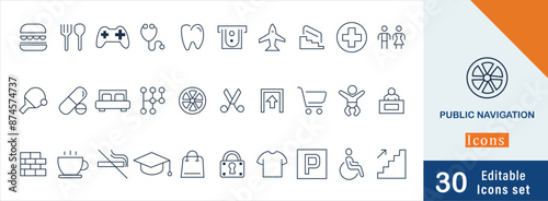 Public Navigation thin Line Icons collection. Vector illustration in modern thin line style of basic icons related to Airport,  Bicycle lane, shopping mall, scissors and other