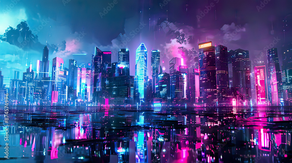 Obraz premium Futuristic cityscape with neonlit skyscrapers reflecting in a digital sea capturing a cyberpunk aesthetic with intense color contrasts