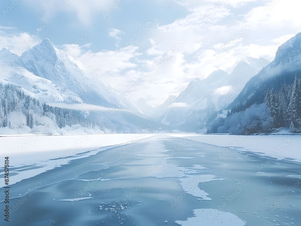 Obraz premium Breathtaking Snowy Landscape with Frozen Lake and Majestic Mountain Peaks in the Background
