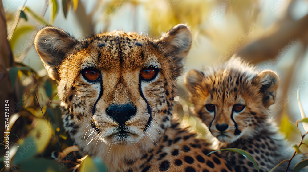 Cheetah Acinonyx jubatus with cubs on the background of the African savannah, portrait, close-up, predatory wild cat Cheetah Acinonyx jubatus with cubs on the background of the African savannah, portrait, close-up, predatory wild cat