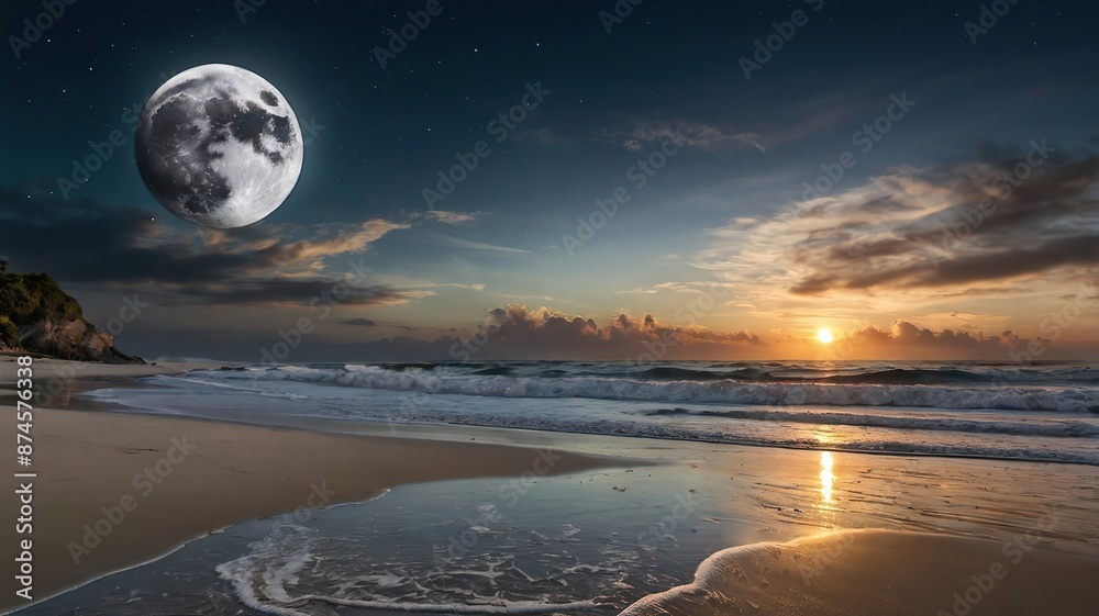 Cool landscape on the beach with sunrise and full moon Cool landscape on the beach with sunrise and full moon