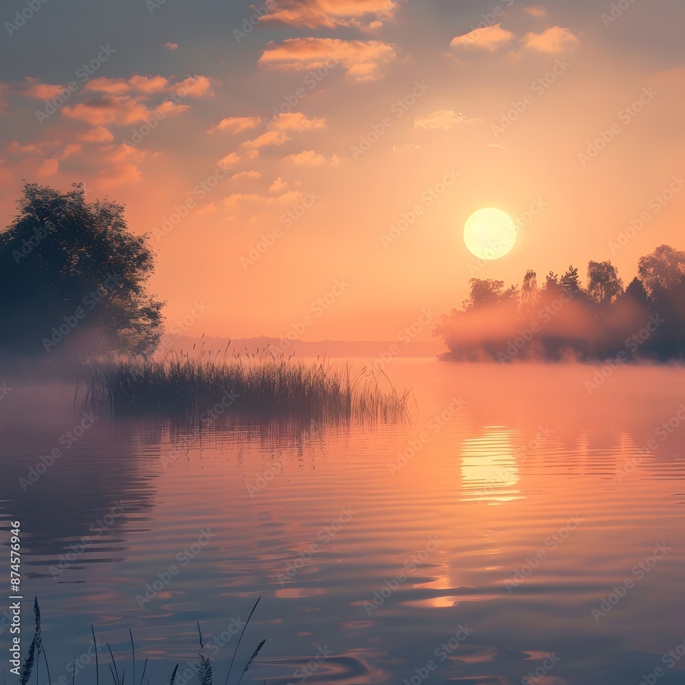 Obraz premium Breathtaking Sunrise Reflected on Misty Lake Surrounded by Lush Foliage