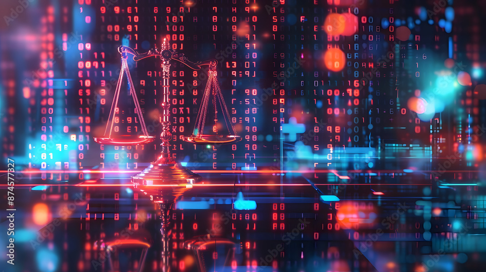 Obraz premium Digital Justice: Scales of Justice on a Computer Screen With Binary Code Background
