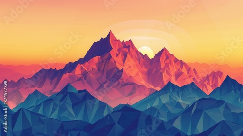 A low poly mountain range at sunset, with geometric shapes and a minimalist color palette  © Malgorzata